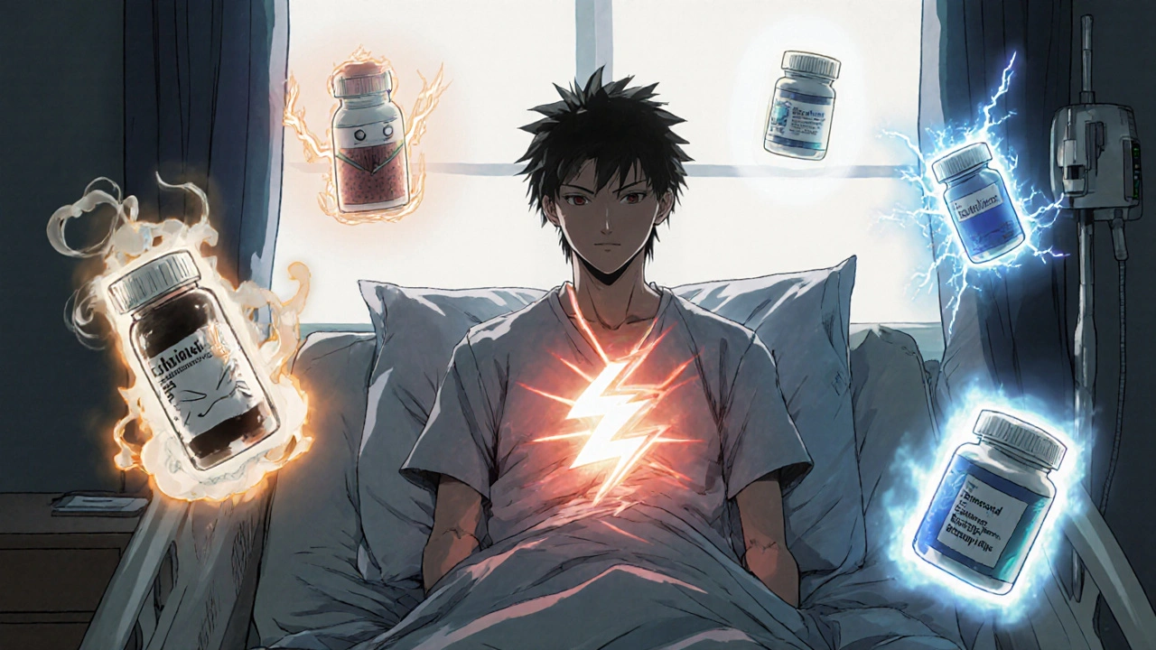 A patient surrounded by floating drug icons representing side effects, with Bedaquiline radiating healing light.