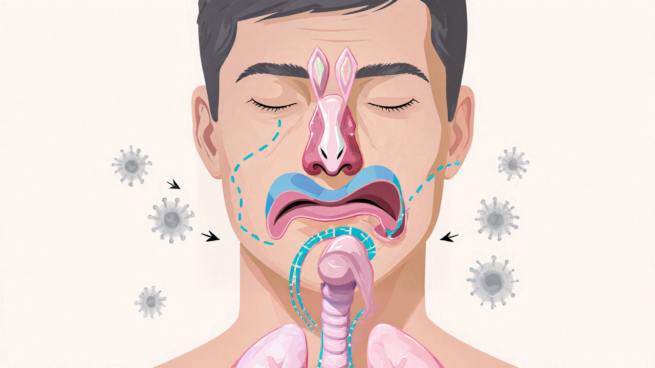 Anatomical illustration showing sinus inflammation, mucus flow, and lung alveoli with fluid.