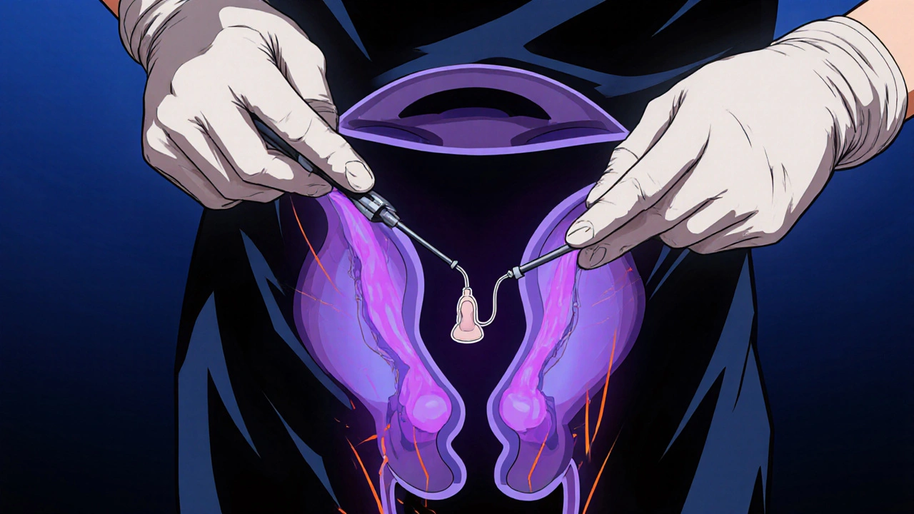 Anime scene of a clinician’s hand inserting a T‑shaped IUD into a uterine cavity, with subtle motion lines.