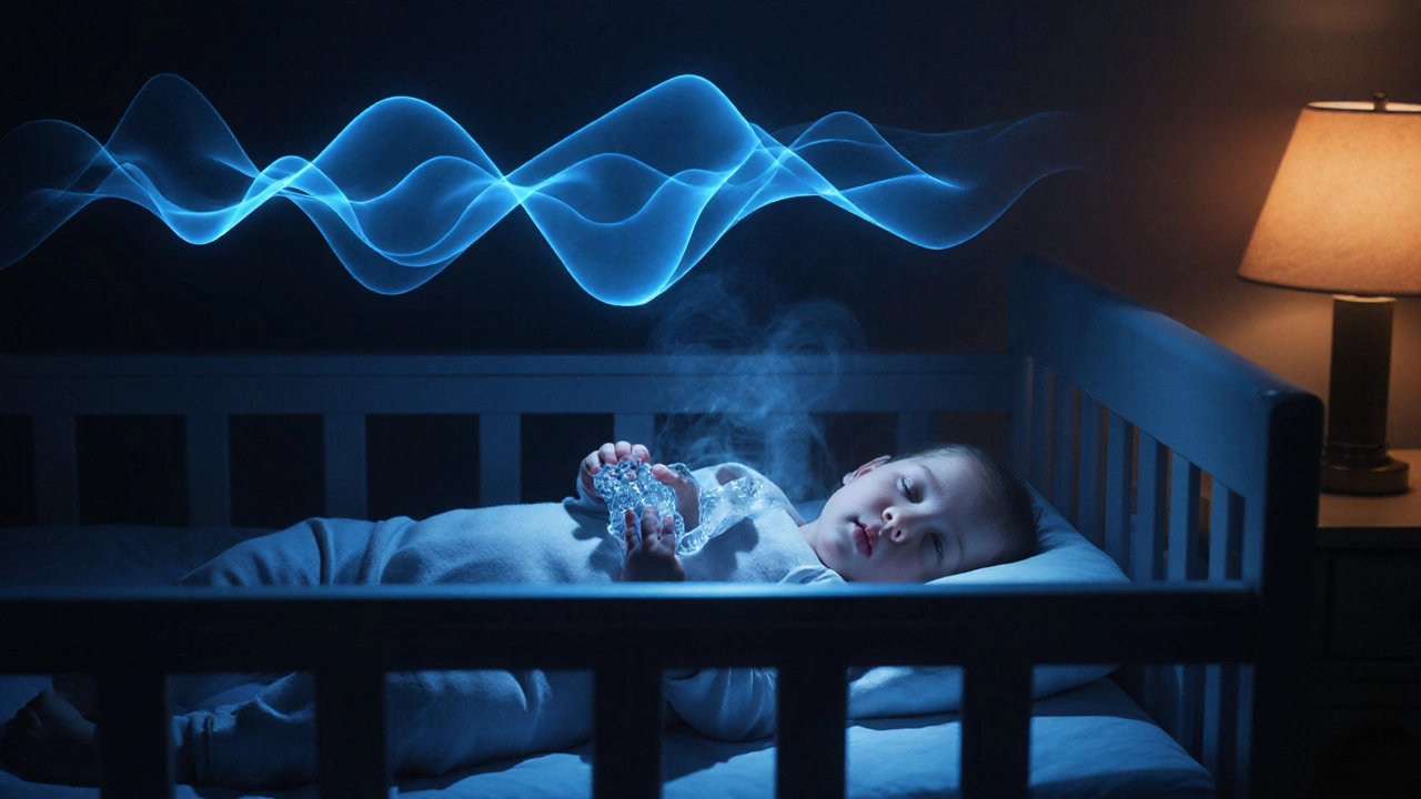 Baby in crib at night with a chilled teething ring and soft lighting.