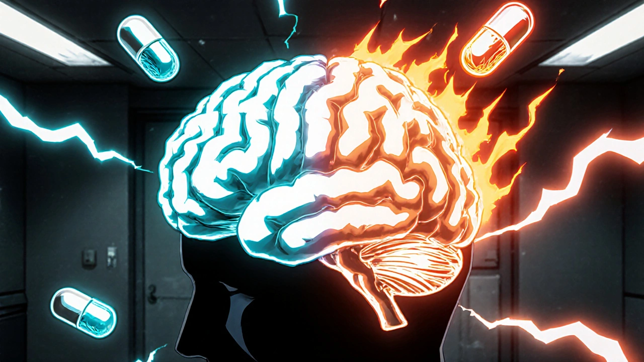 Brain split between normal and fiery tones showing serotonin syndrome from drug combo.