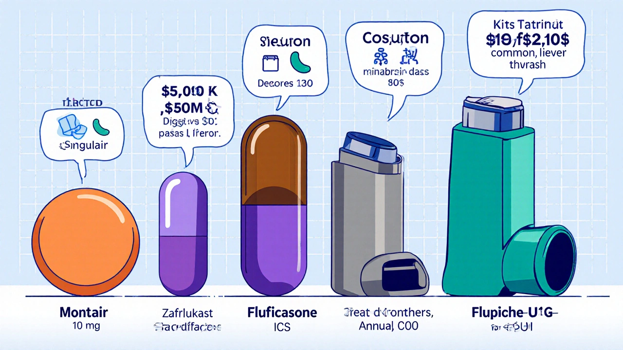 Cartoon comparison of Montair, Singulair, Zafirlukast, Zileuton, inhaled steroids, and combo inhaler.