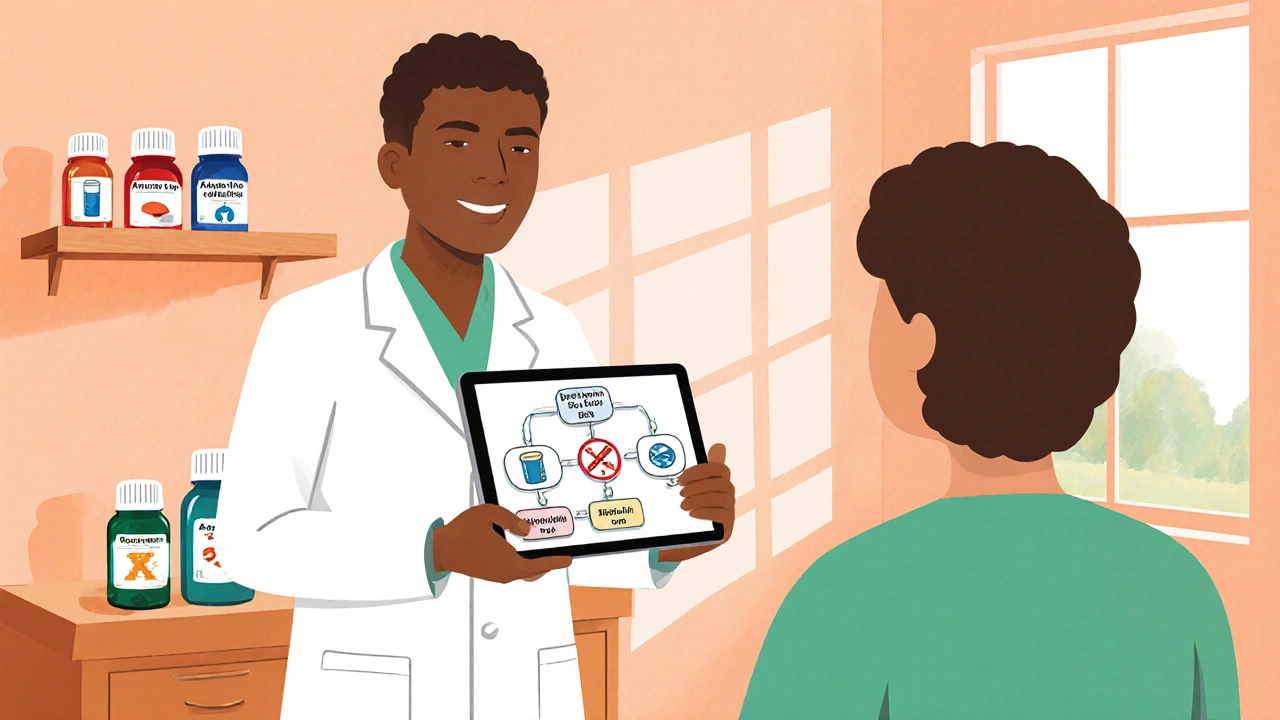 Clinician consulting patient with icons for culture, allergy, and antibiotic choices.