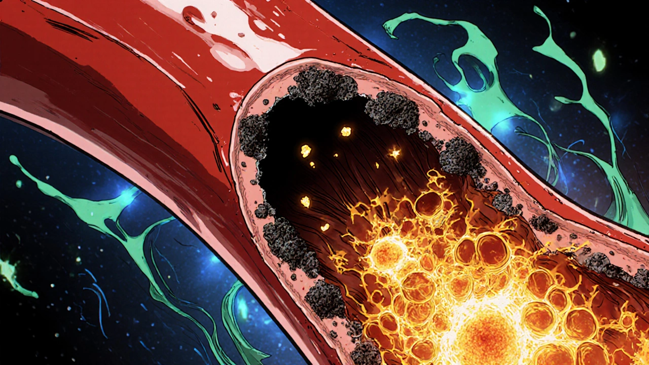 Cross‑section of a coronary artery showing plaque, inflammation, and tiny smoke particles.