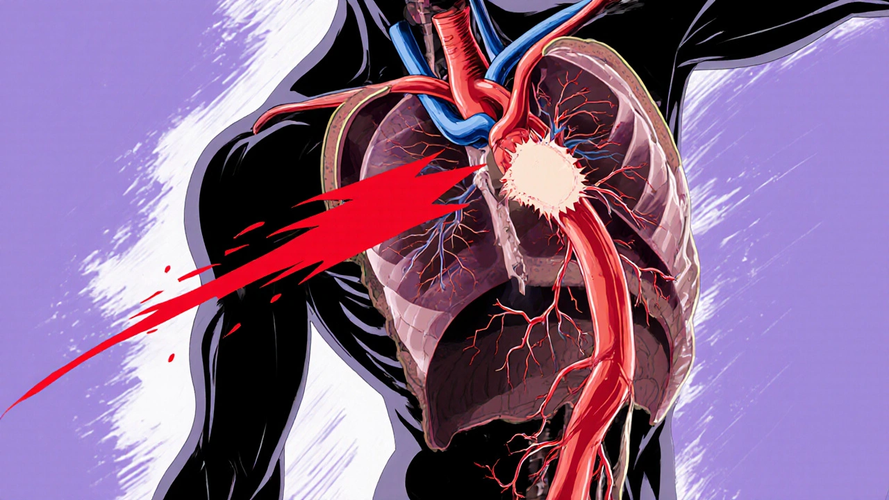 Cross‑section of chest showing a clot traveling from heart to lung artery.