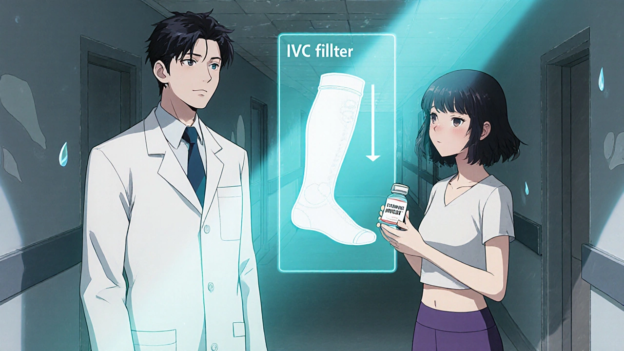 Doctor and patient discuss clot prevention with hologram and compression stockings.