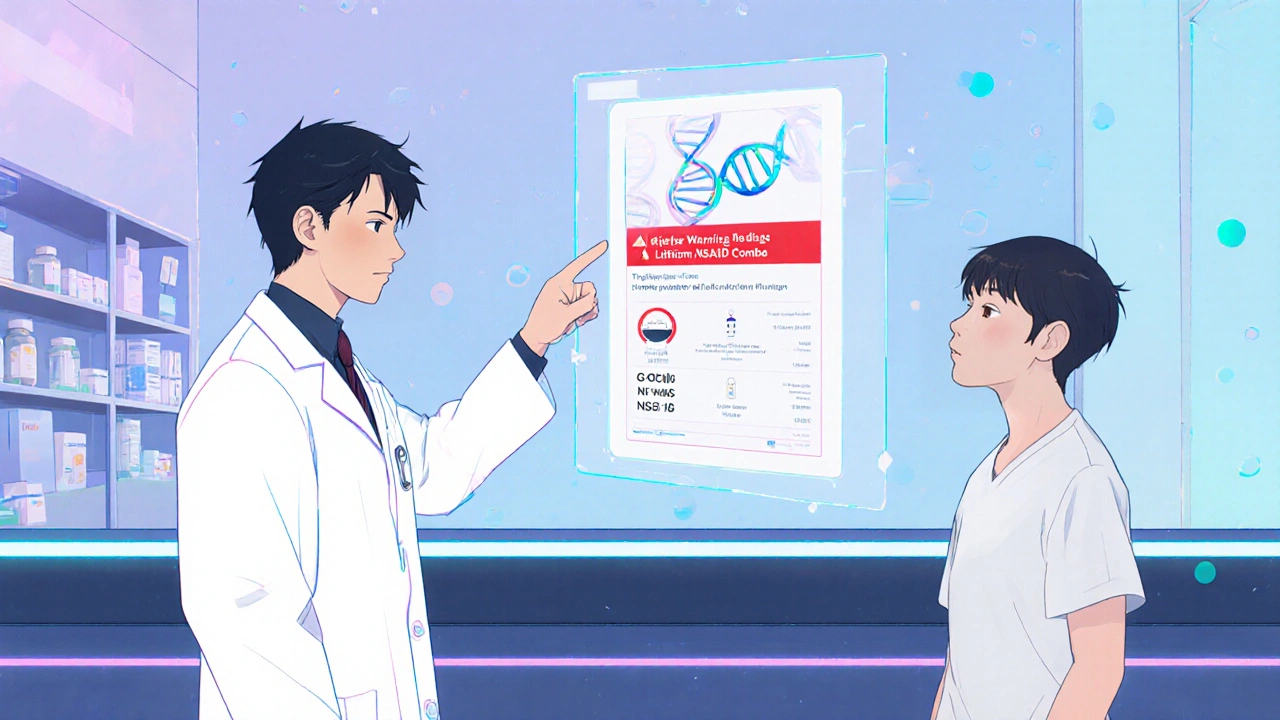 Doctor and patient viewing a digital alert about a lithium and NSAID interaction.