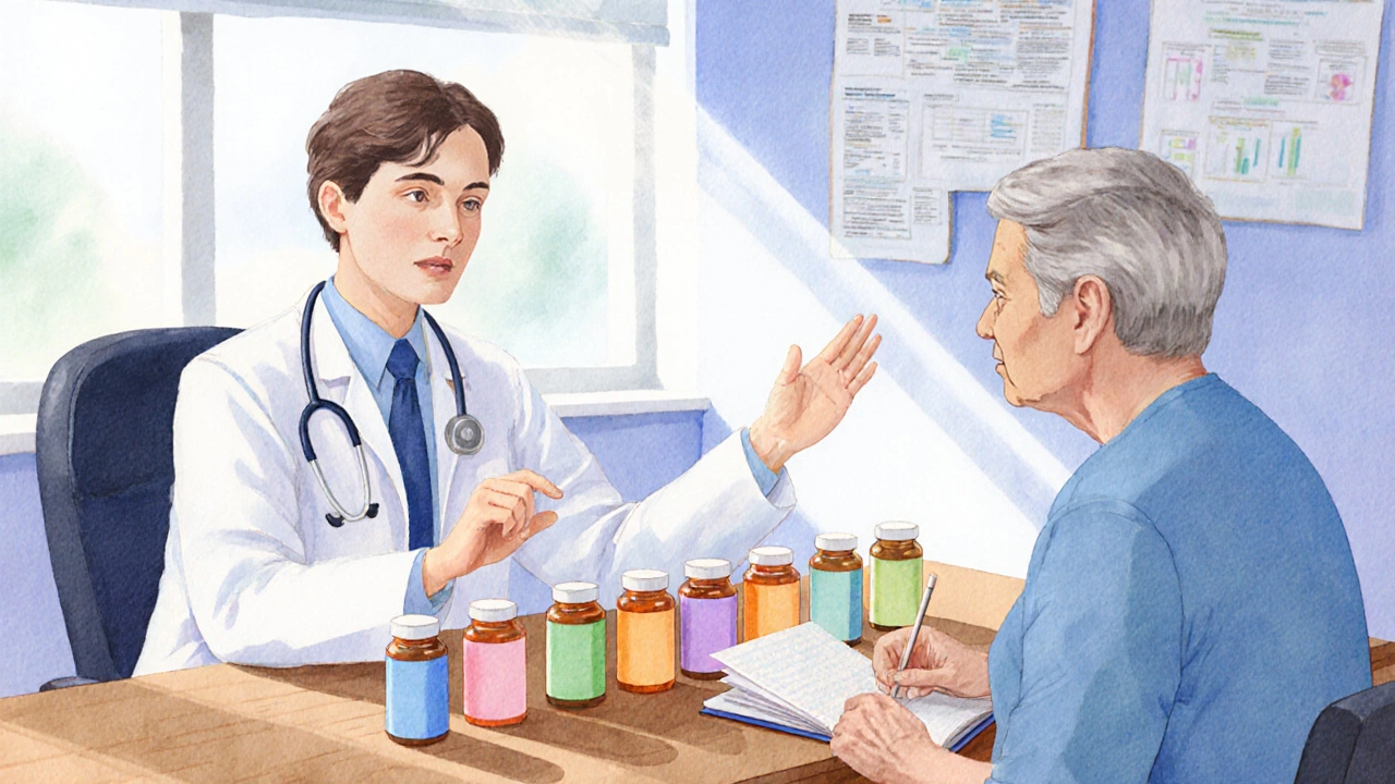 Doctor consulting a patient, surrounded by pastel‑colored pill bottles on a clinic desk.