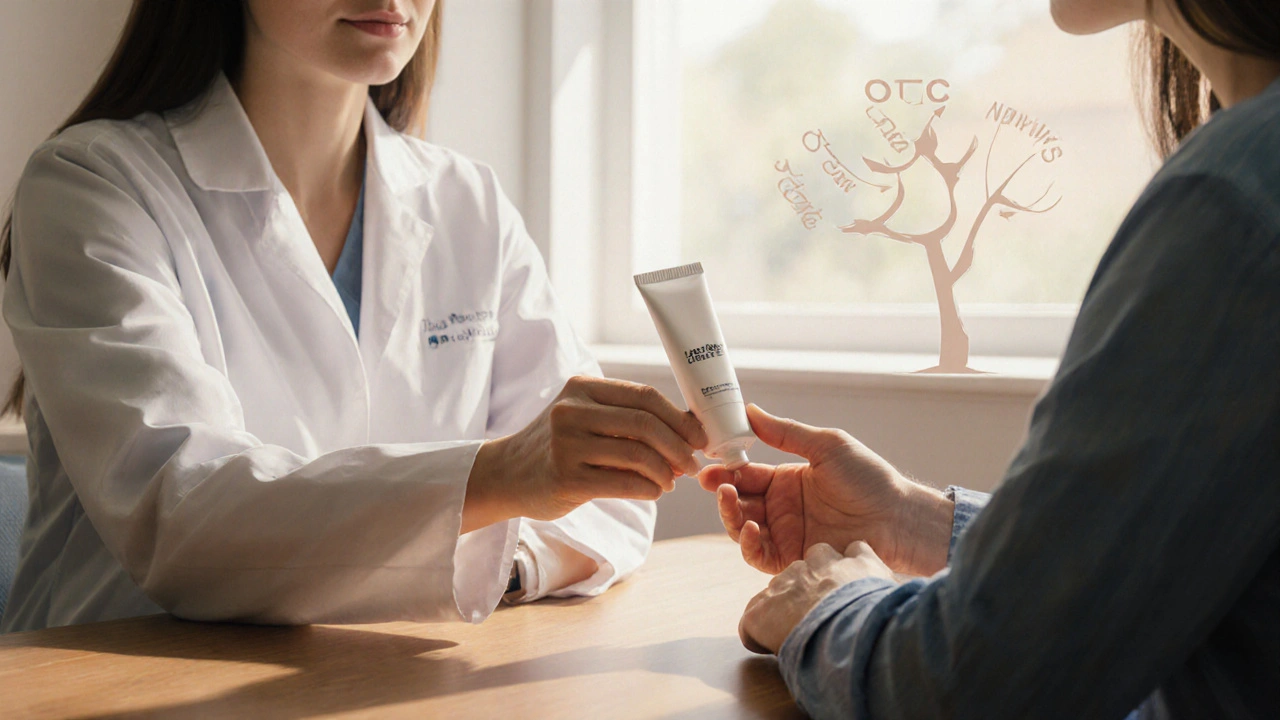 Doctor giving a cream tube to a patient, with subtle decision arrows behind.