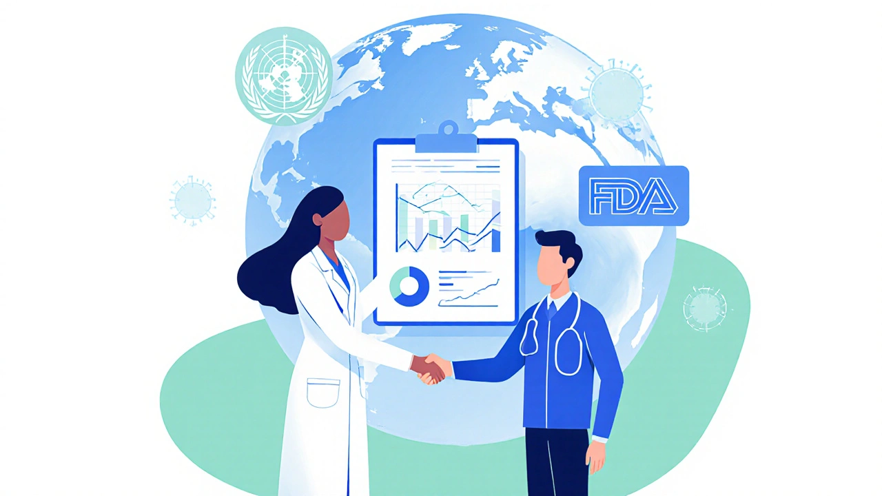 Doctor, pharmacist, and patient collaborating with abstract charts in a clinic.