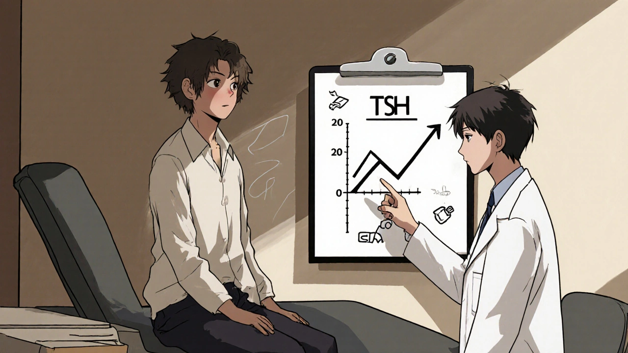 Doctor reviewing rising TSH lab results with a patient in an office setting.