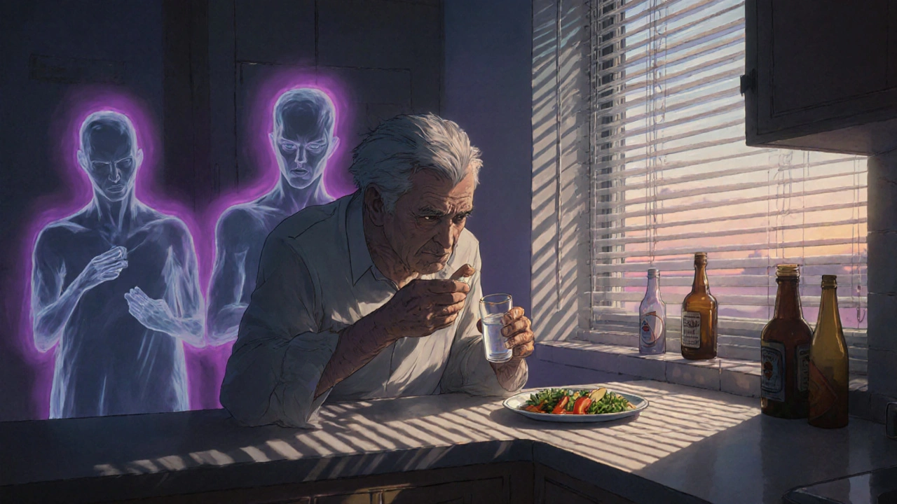 Elderly person taking medication with ghostly drug interaction figures in background.