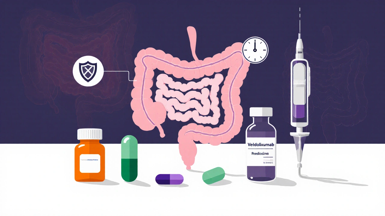 Flat illustration showing various IBD treatments like pills, IV bags, and injection pens.