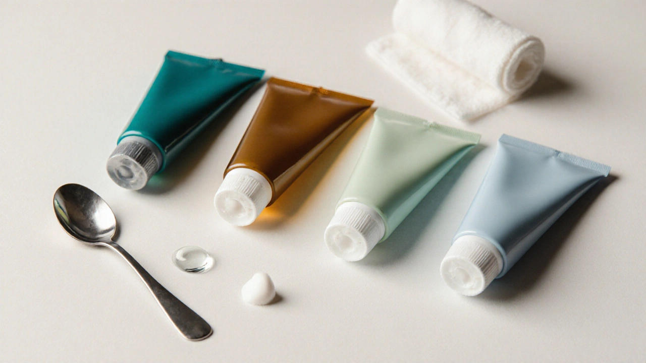 Flat lay of colorful antifungal cream tubes with a spoon and water droplet.