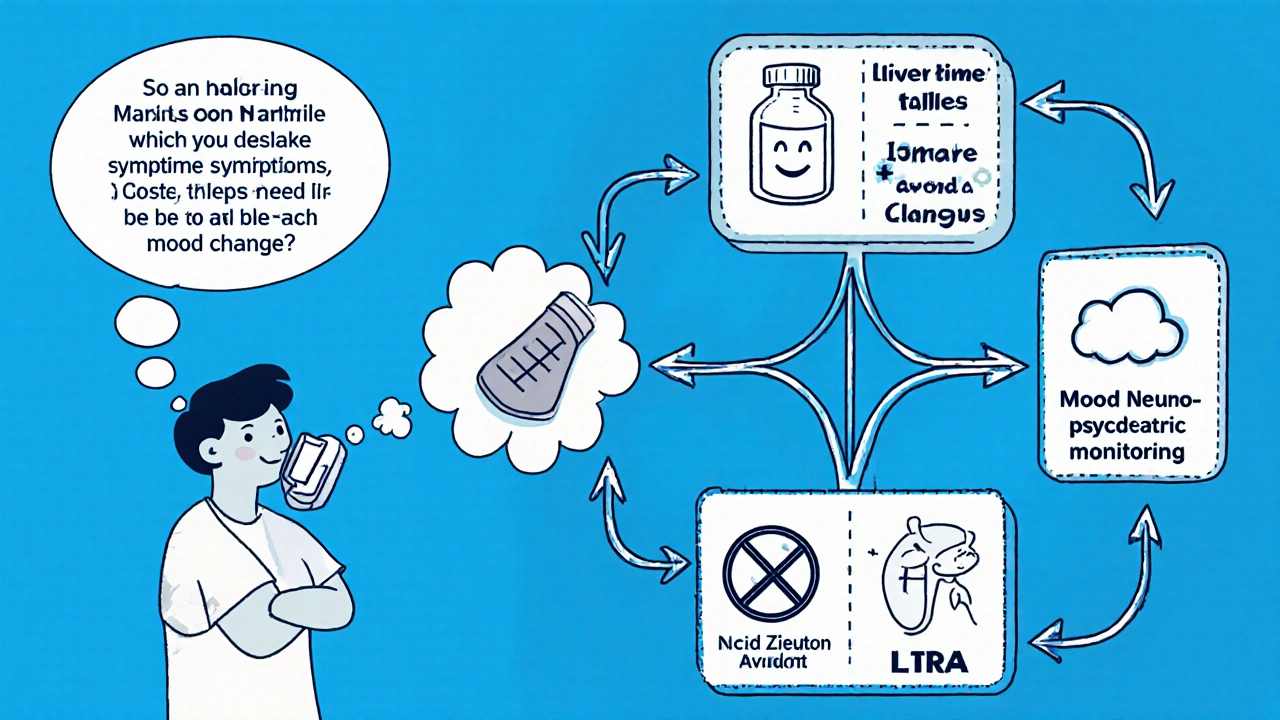 Flowchart cartoon showing how to choose Montair or other asthma meds.