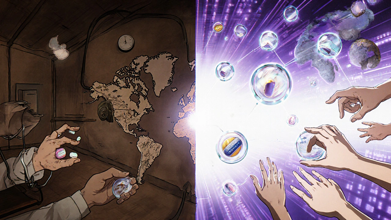 Global TB treatment divide: dim clinic with Ethionamide vs. high-tech lab with modern drugs, connected by patient hands.