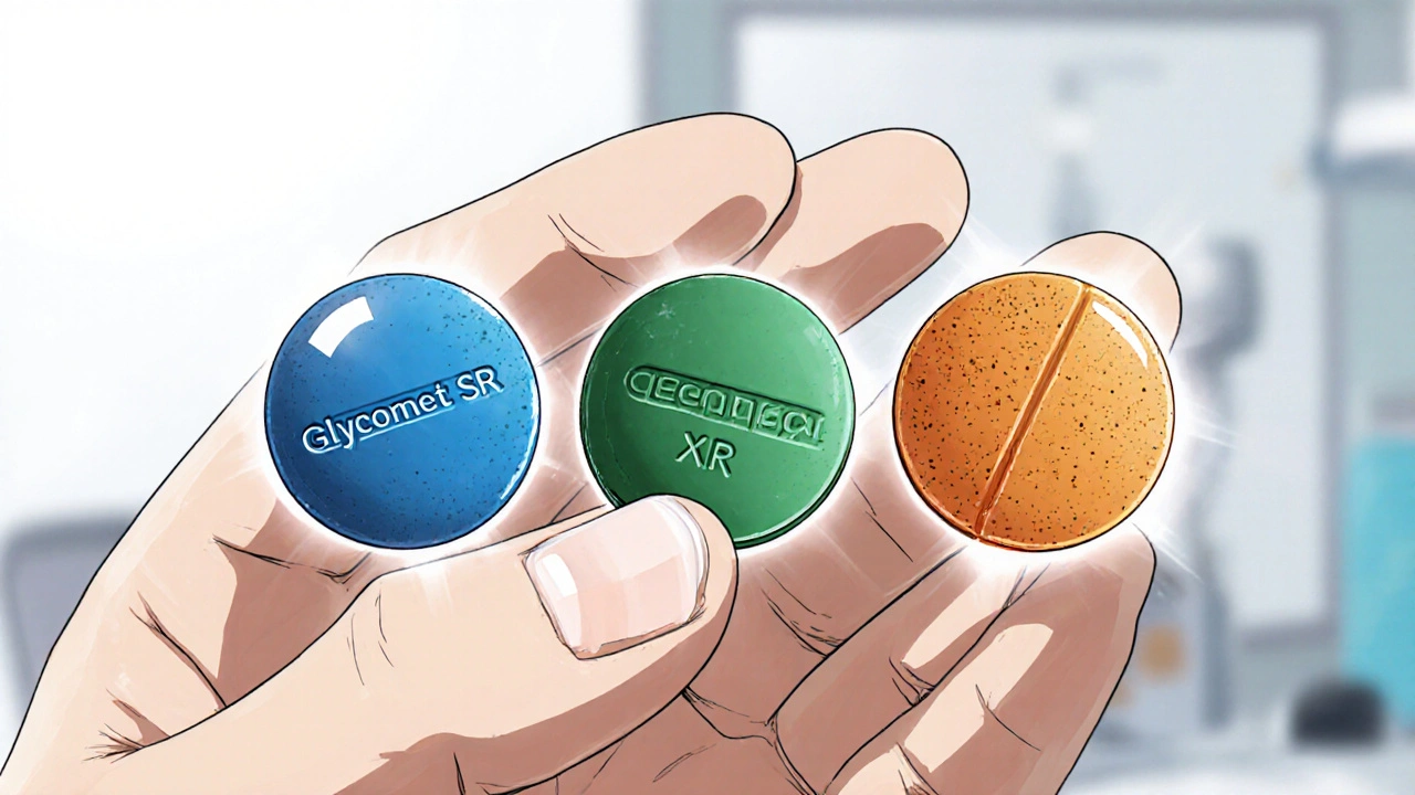 Hand displaying three different diabetes pills.