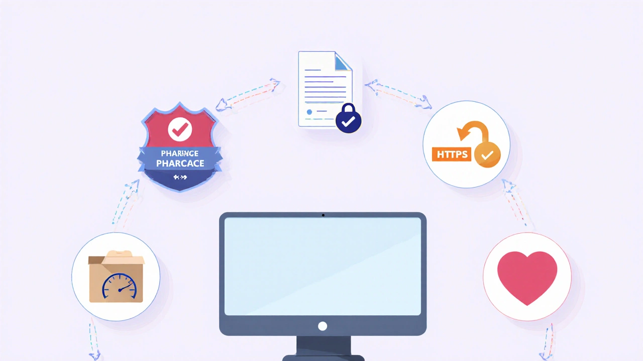 Illustrated checklist icons for pharmacy license, secure site, prescription upload, and delivery.
