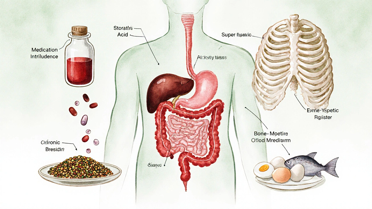 Illustration showing stomach, kidney, bone marrow and pills as causes of senior anemia.