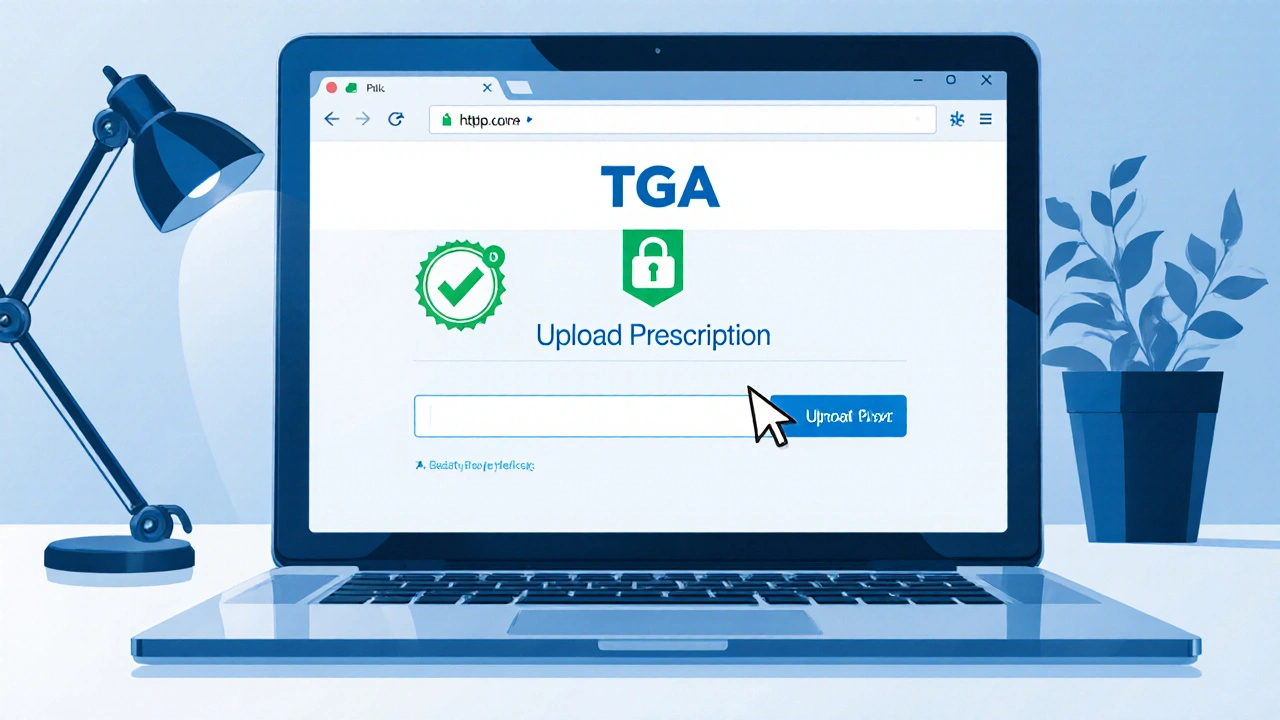 Laptop screen showing secure TGA verification icons and an upload button.