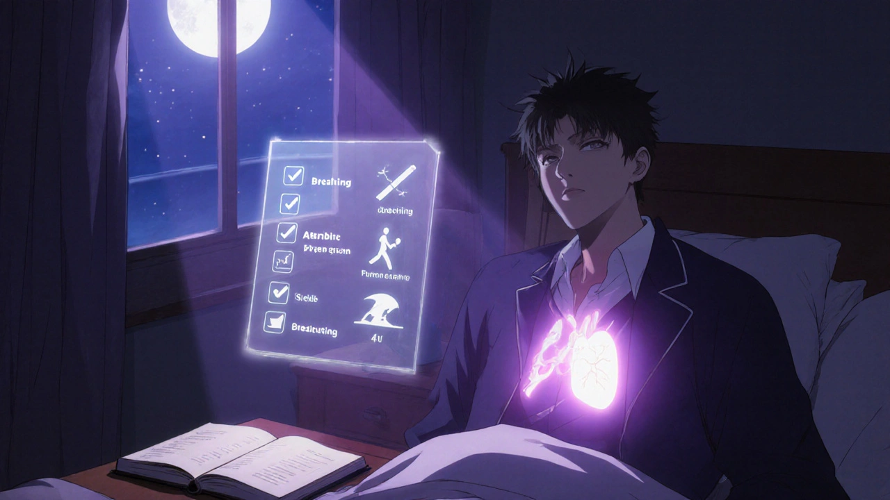 Nighttime scene of a person with a glowing stent and a stress‑management checklist.