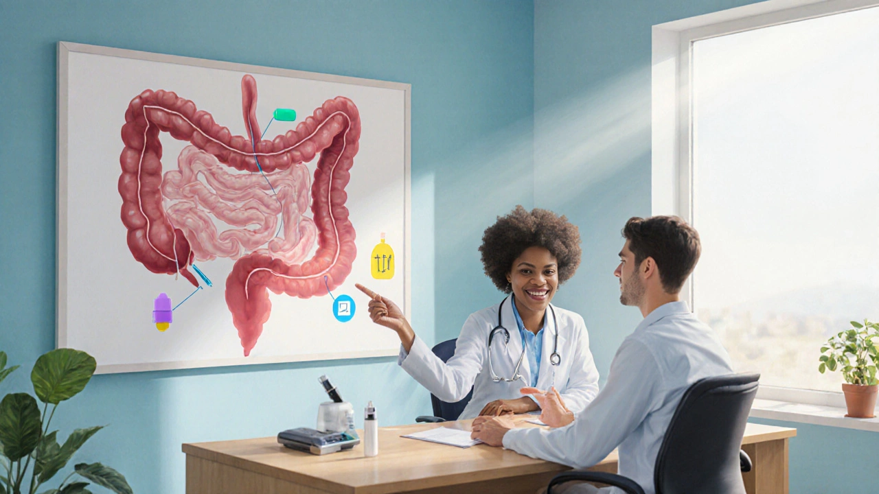 Painting of a doctor and patient discussing IBD treatment options.