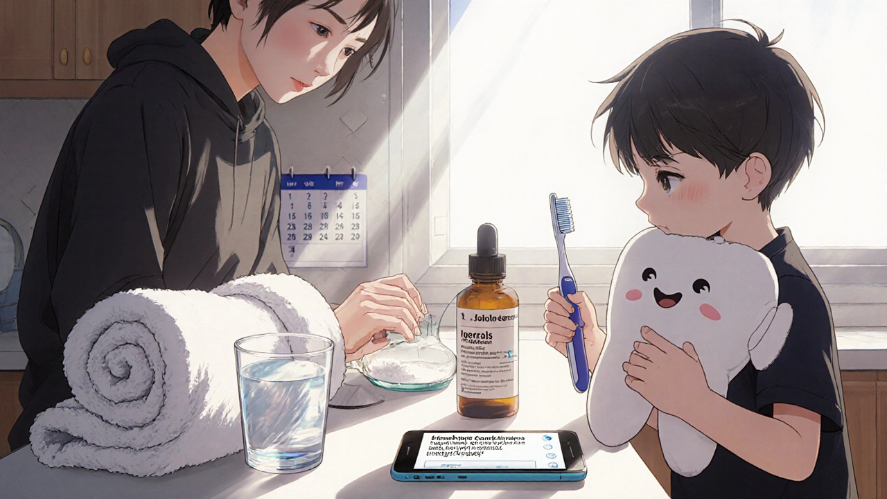 Parent and child arranging home pain‑relief items on a kitchen counter.