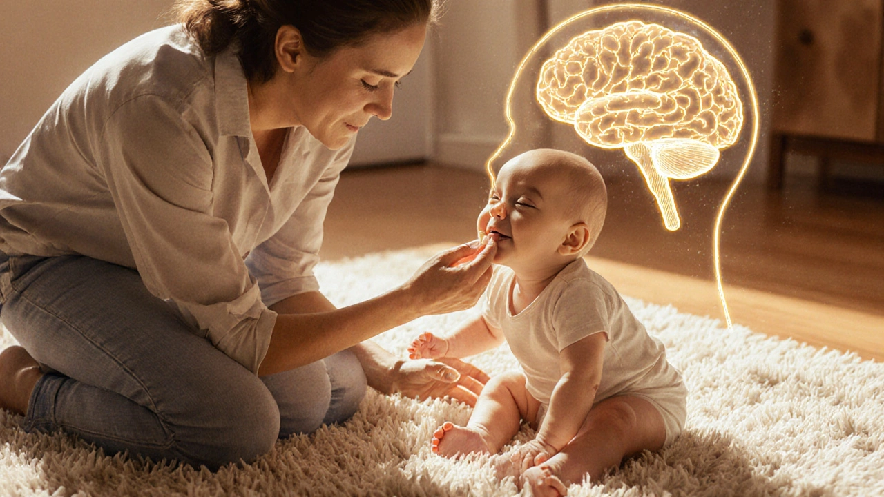 Parent massaging baby&#039;s gums; brain network subtly glowing.