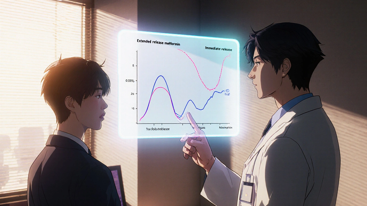 Patient and doctor reviewing holographic blood sugar curves.
