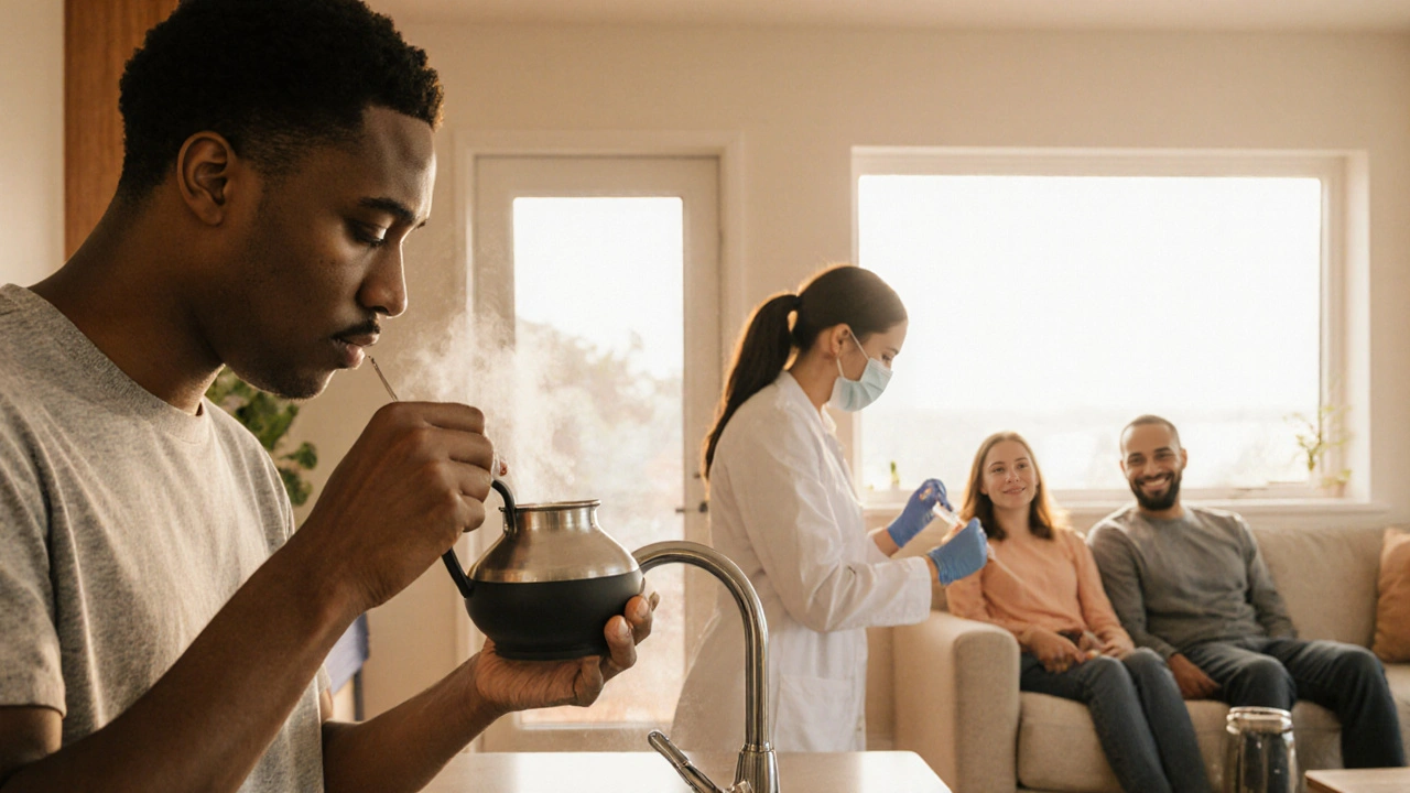 People using a neti pot, receiving a flu shot, and a family in a sunny home promoting health.