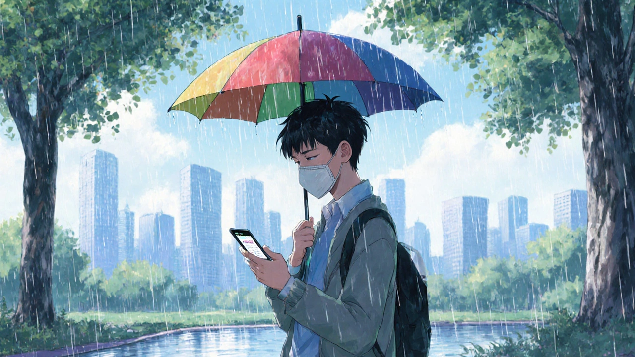 Person checking air‑quality index under a tree, wearing a mask, with a calm urban backdrop.