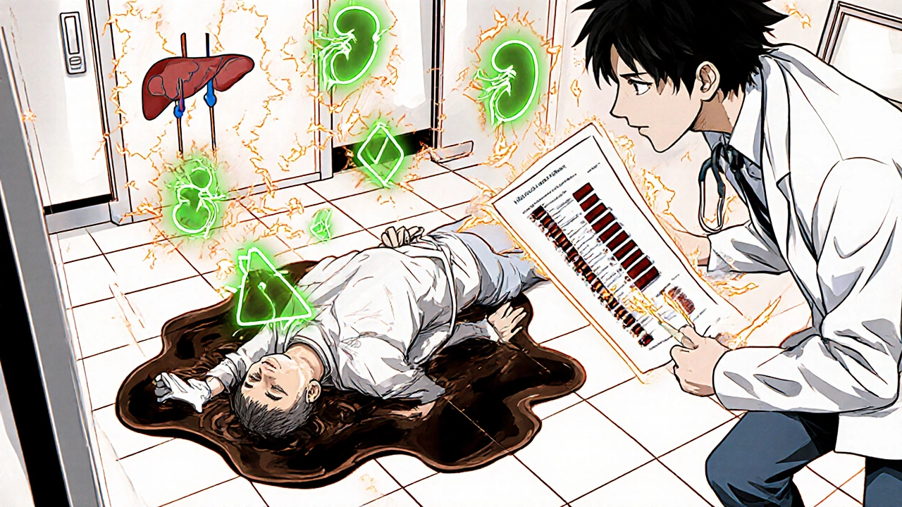 Person collapsing in hospital with dark urine and fractured organ icons glowing.
