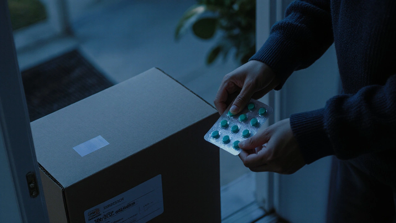 Person opening a delivery box on a porch, revealing a Singulair blister pack at dusk.