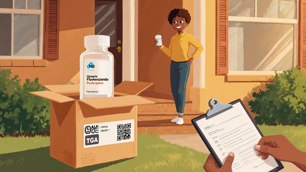 Person opening a delivery box with a generic fluoxetine bottle, smiling in a sunny suburban doorway.