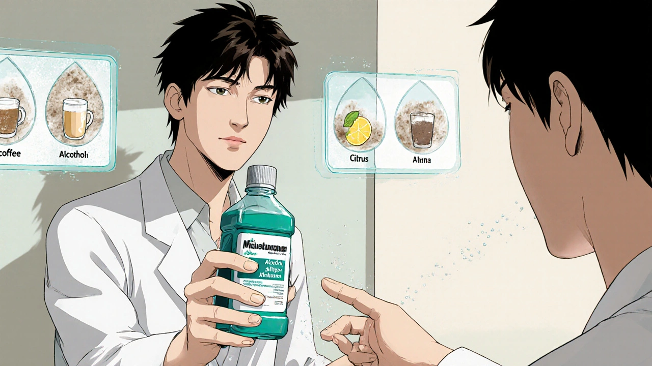 Pharmacist handing alcohol-free mouthwash to patient, with fading icons of drying agents around them.