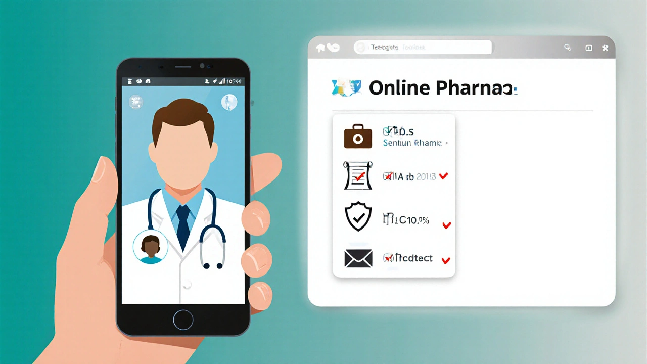 Phone with telehealth video call next to a pharmacy website checklist with icons for registration and prescription.