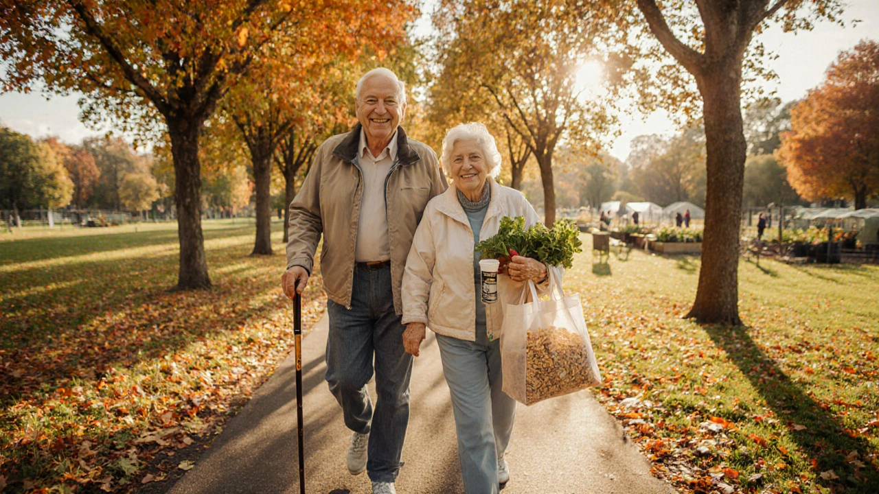 Senior couple walking in a sunny park, carrying healthy food, symbolizing anemia care.