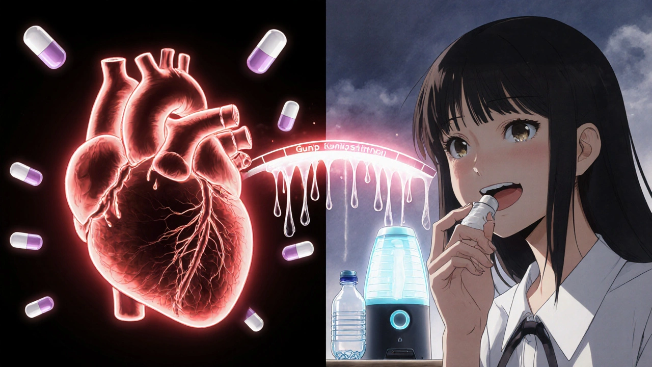 Split scene: heart with plaque on one side, healthy mouth with saliva on the other, connected by a glowing bridge.