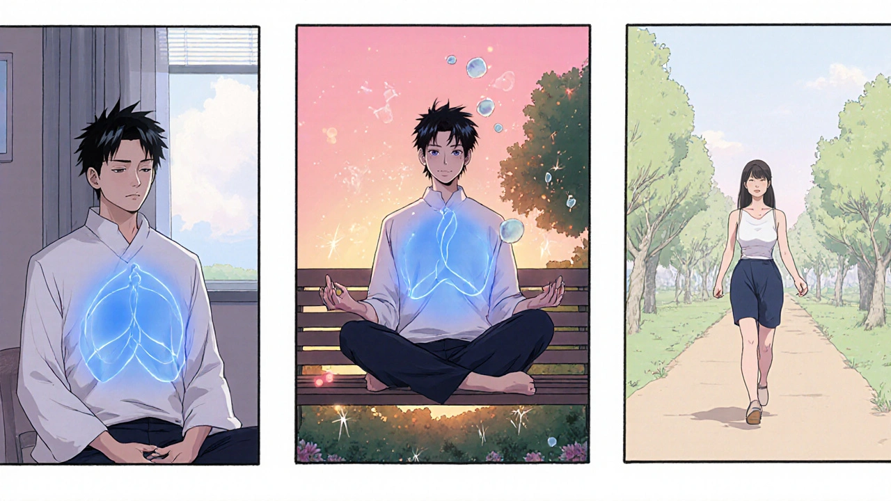 Three panels showing breathing, meditation, and walking reducing stress.