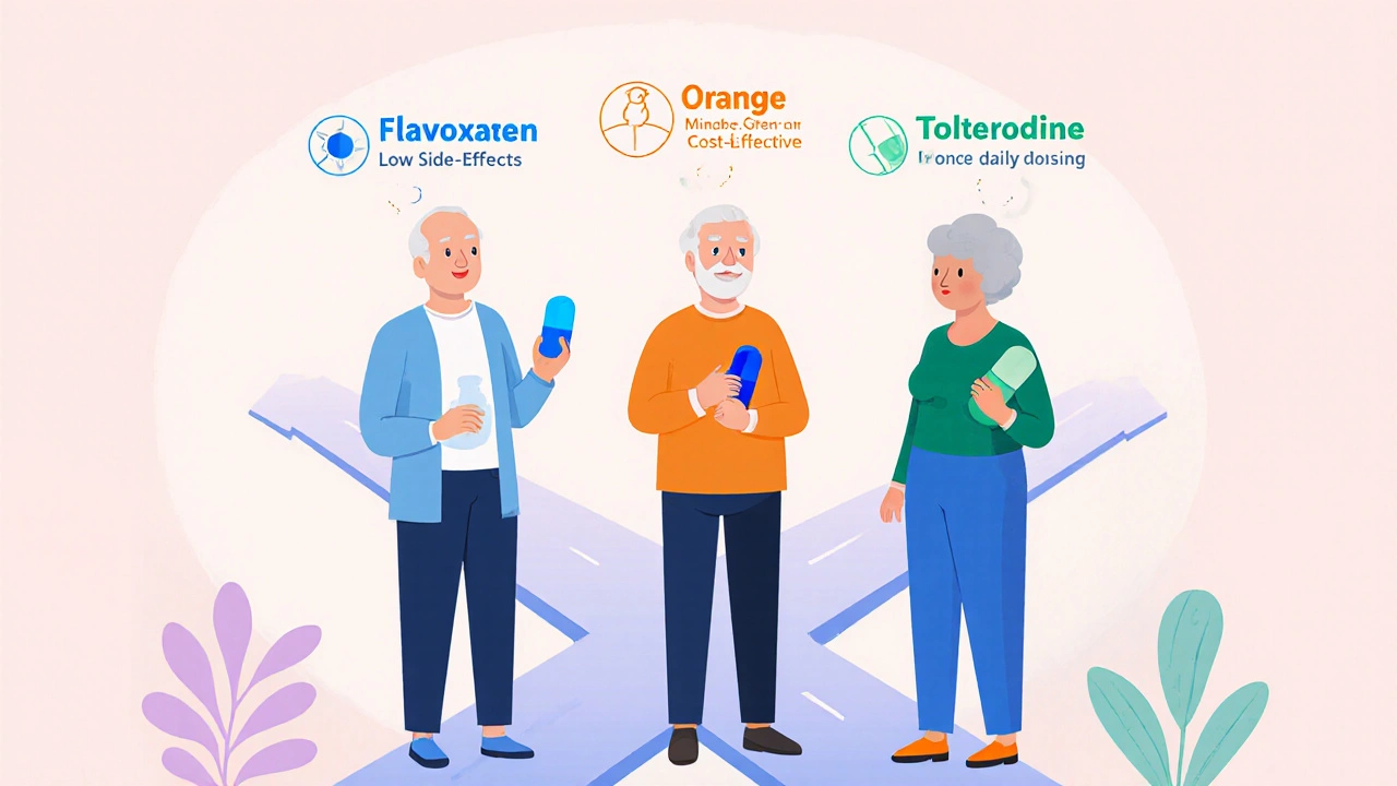 Three seniors each holding a different bladder medication pill at a branching decision path.