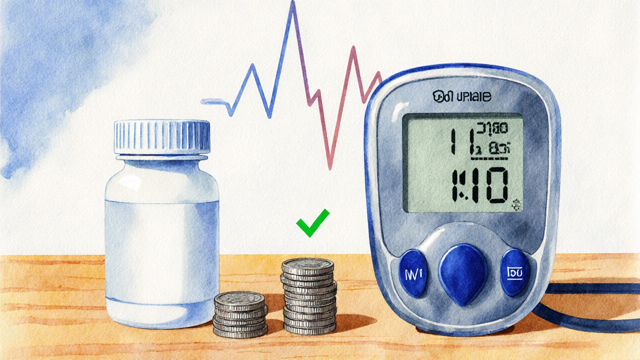 Watercolor of generic and brand pill bottles with coin piles and a normal blood pressure monitor.