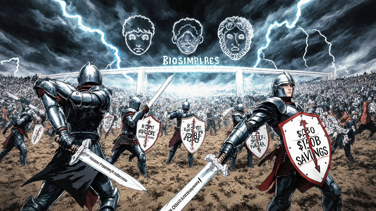 A battlefield of medical patents where biosimilar warriors fight brand-name companies, with a glowing savings bridge in the distance.