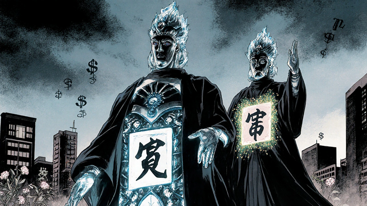 A biologic drug warrior stands beside its biosimilar twin with a glowing suffix, symbolizing safety and affordability in anime style.