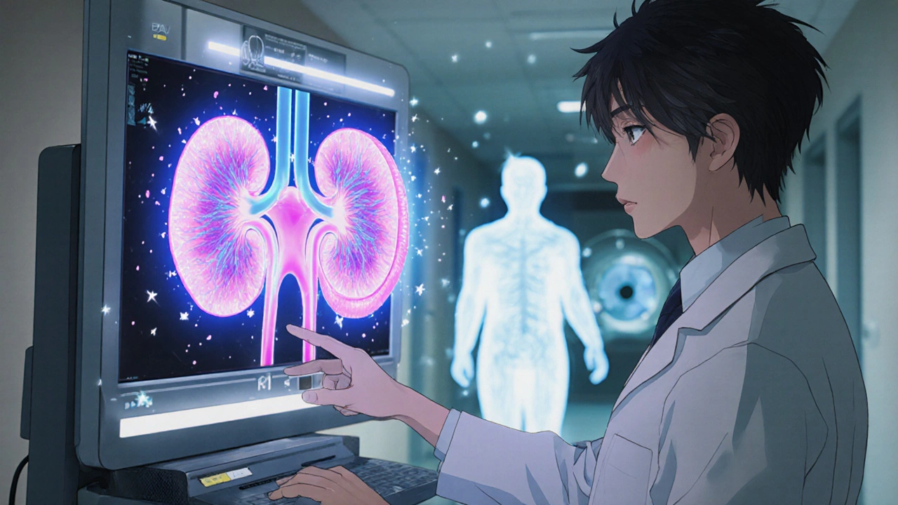 A futuristic ultrasound machine projecting holographic kidney details and glowing nephrons, with a doctor interacting with AI diagnostics in anime style.