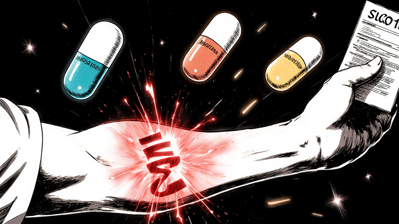 A glowing gene mutation pulses above three floating statins—two failing, one steady—as a doctor offers a prescription in the background.