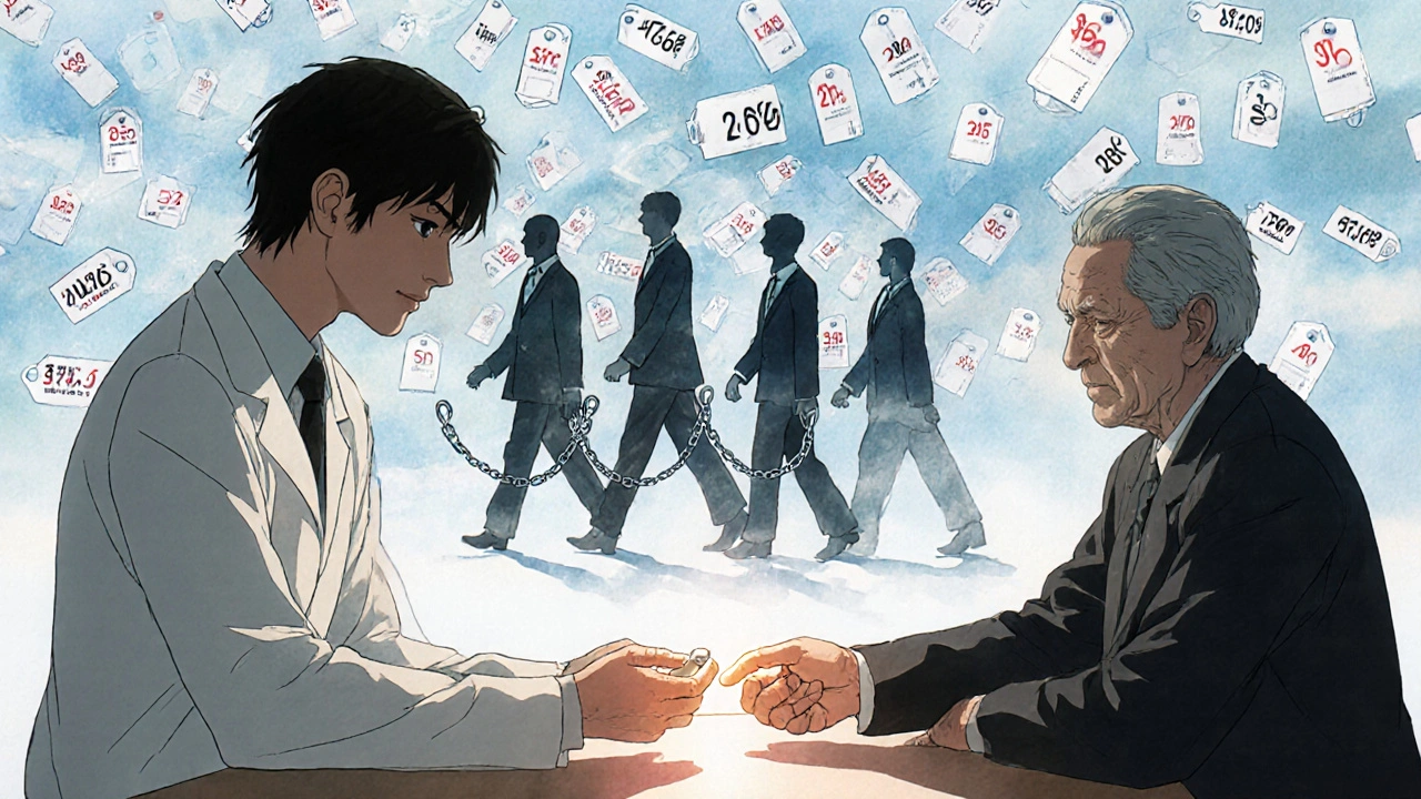 A pharmacist gives a generic pill to an elderly patient, while millions walk free under a sky of falling price tags.