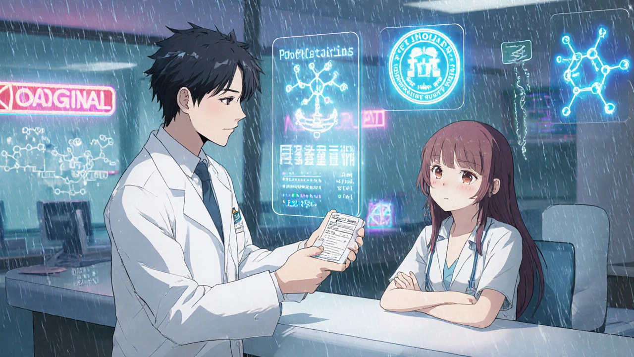 A pharmacist handing a biosimilar prescription to a patient in a hospital, with floating scientific data in the background.