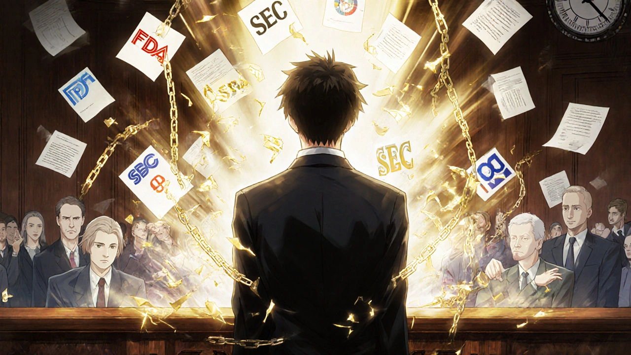 A whistleblower stands in court as corporate chains shatter, surrounded by floating documents and supportive spectral figures.