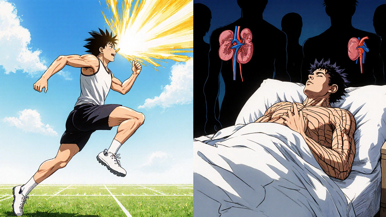 Athlete energized by nasal ketorolac on one side, collapsing with internal damage on the other.