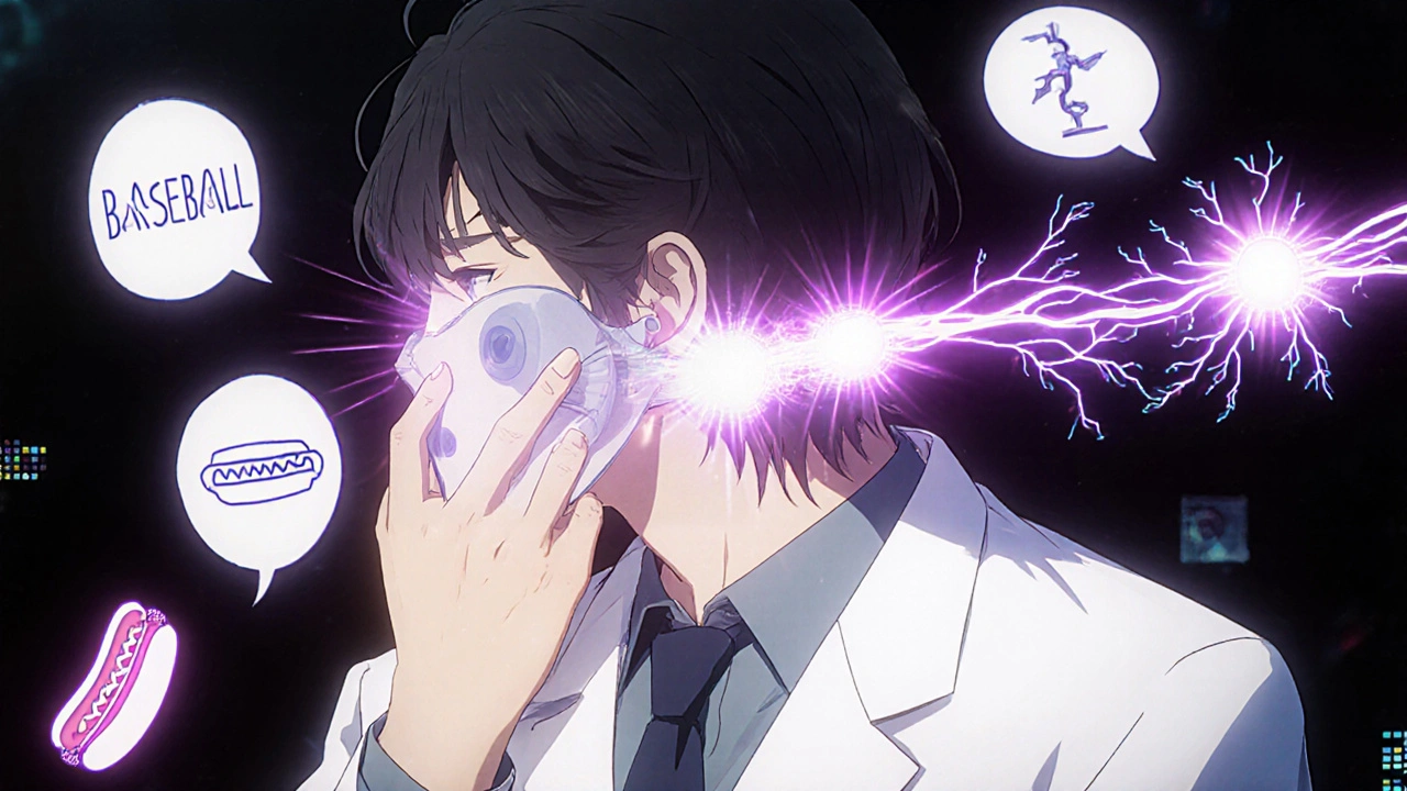 Audiologist placing bone oscillator as sound waves travel through skull anatomy.